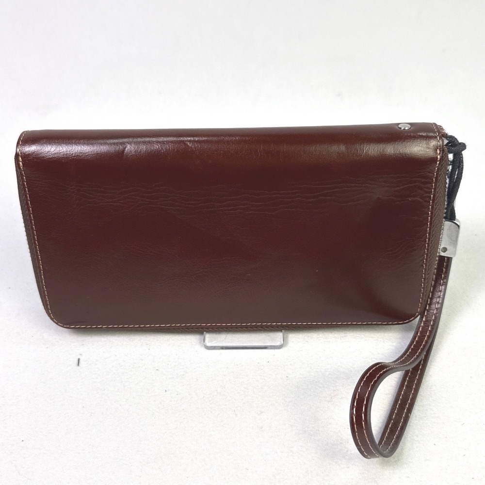 Dante Brown Leather RFID Zip Around Wristlet Continental Wallet Clutch.
